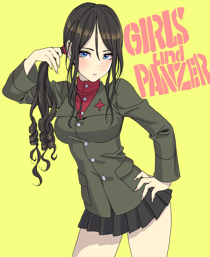 1girl absurdres adjusting_hair alternate_hairstyle black_hair black_skirt blue_eyes breasts brown_hair buttons closed_mouth contrapposto copyright_name cowboy_shot drill_hair emblem fingernails girls_und_panzer green_jacket hair_tie hand_on_own_hip highres jacket light_frown long_hair long_sleeves looking_at_viewer medium_breasts miniskirt nonna_(girls_und_panzer) pleated_skirt pravda_military_uniform pravda_school_uniform red_shirt revision ringlets school_uniform shirt simple_background skirt solo standing swept_bangs turtleneck yamashita_shun'ya yellow_background