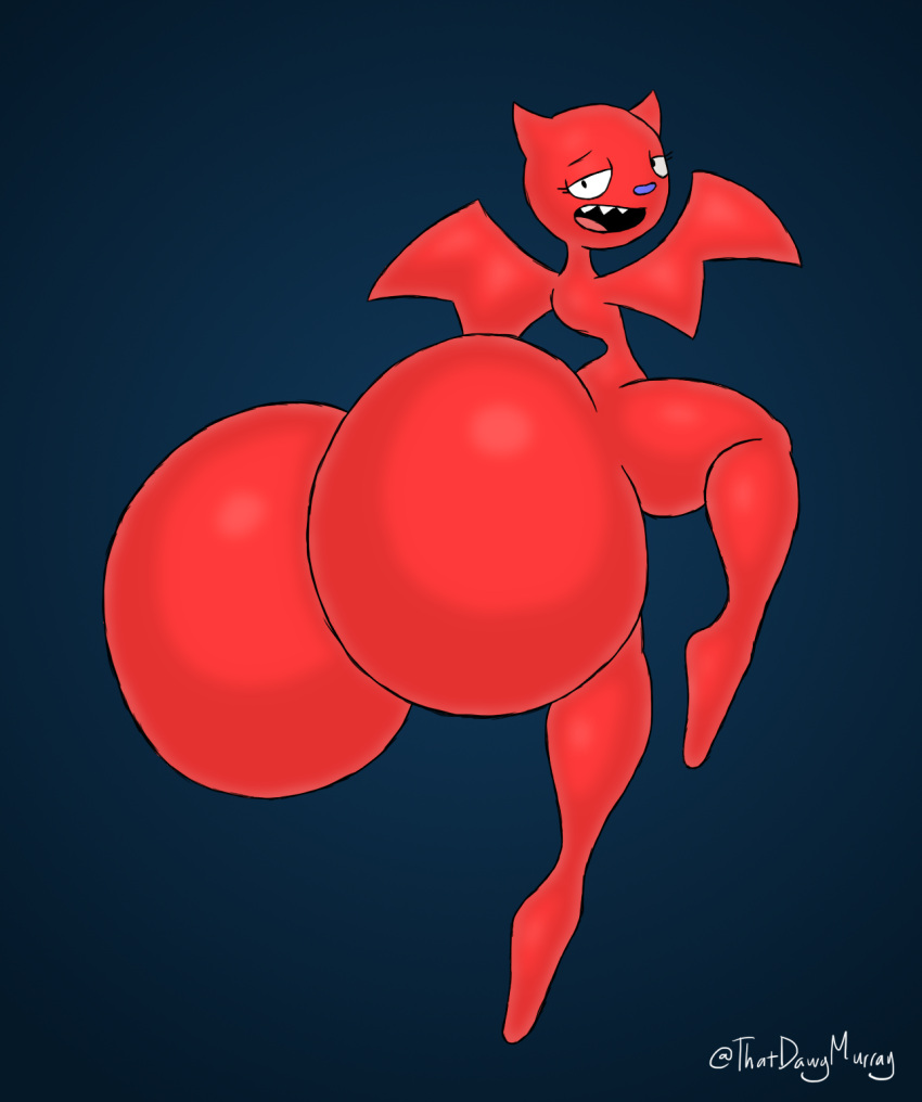 anthro bat bedroom_eyes big_butt blue_background blue_nose butt eyelashes flying hi_res huge_butt hyper hyper_butt looking_at_viewer lucky_bat male mammal murontis2001 narrowed_eyes rear_view red_body seductive simple_background small_waist solo thick_thighs uglydolls