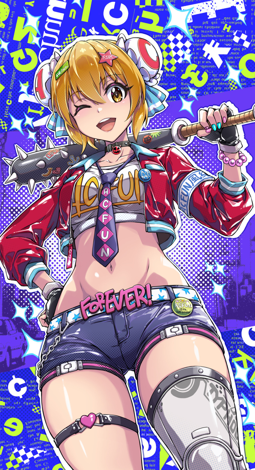 1girl ;d acfun acfun_girl badge baseball_bat belt belt_chain black_choker black_gloves blonde_hair blue_background blue_bow blue_nails blue_necktie blue_shorts bow bracelet breasts bun_cover choker clothes_writing cowboy_shot cropped_jacket cropped_shirt double_bun dutch_angle fingerless_gloves fish.boy from_below gloves hair_between_eyes hair_bow hair_bun hair_ornament hairclip halftone hand_on_own_hip hand_up highres holding holding_baseball_bat jacket jewelry long_sleeves looking_at_viewer navel necktie o-ring_strap one_eye_closed over_shoulder pearl_bracelet pink_nails red_jacket short_hair short_shorts shorts single_thighhigh smile solo sparkle_background spiked_bat standing star_(symbol) star_hair_ornament star_print stomach teeth text_background thigh_strap thighhighs upper_teeth_only white_armband white_belt white_thighhighs yellow_eyes