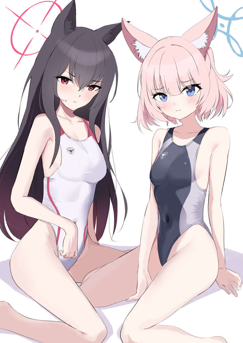 2girls absurdres animal_ears black_hair black_one-piece_swimsuit blonde_hair blue_archive blue_eyes breasts competition_swimsuit feet_out_of_frame fox_ears halo highleg highleg_swimsuit highres long_hair looking_at_viewer mochini multiple_girls niko_(blue_archive) one-piece_swimsuit red_eyes short_hair simple_background sitting small_breasts swimsuit two-tone_swimsuit wariza white_background white_one-piece_swimsuit yukino_(blue_archive)