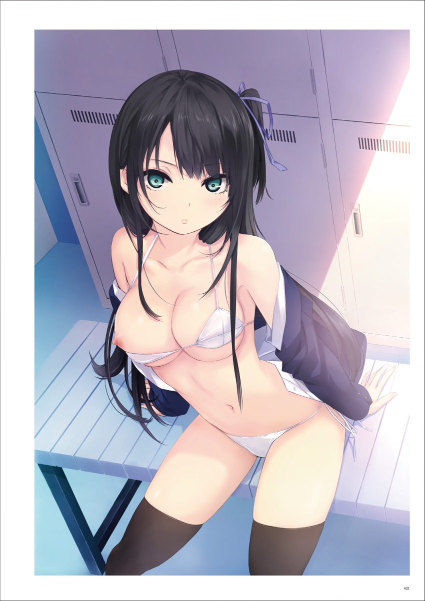1girl arm_support bare_shoulders black_hair blush bra breasts closed_mouth coffee-kizoku collarbone day fingernails green_eyes highres indoors lips long_hair long_sleeves looking_at_viewer medium_breasts navel nipples off_shoulder open_clothes open_shirt original panties shadow shiny_skin side_ponytail simple_background sitting solo stomach thighhighs thighs underwear white_bra white_panties
