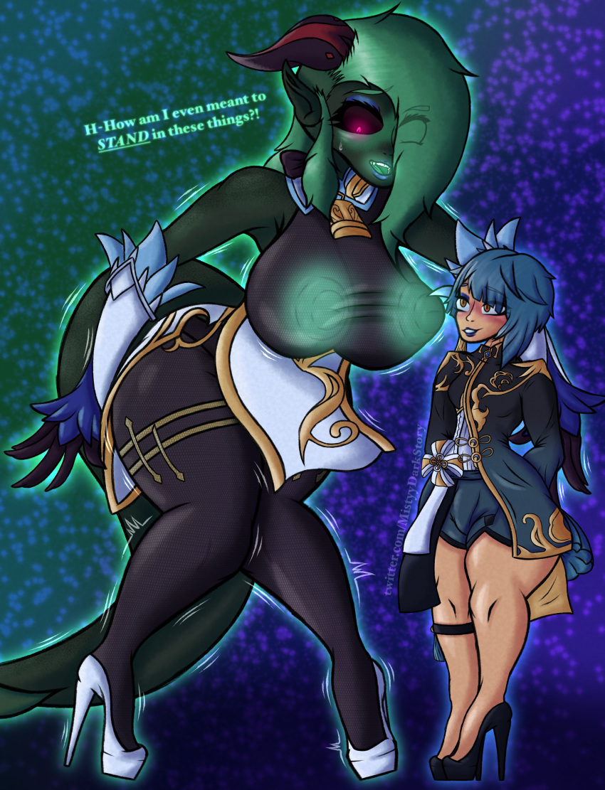 absurd_res alien alien_humanoid anthro areola big_breasts big_butt black_sclera blue_hair bodystocking bodysuit bottomwear breasts butt chubby_female clothed clothing cosplay duo fangs female fishnet fishnet_bodysuit fishnet_clothing footwear freckles freckles_on_arms freckles_on_ass freckles_on_breasts freckles_on_butt freckles_on_chest freckles_on_face freckles_on_shoulders freckles_on_thighs ganyu_(genshin_impact) genitals genshin_impact girly glowing glowing_eyes glowing_genitalia glowing_nipples glowing_pussy green_areola green_body green_hair green_nipples green_pussy green_skin hair hi_res high_heels huge_breasts huge_butt huge_thighs human humanoid humanoid_pointy_ears loincloth male male/female mammal mihoyo mistyy_dark_story_(artist) nipples orange_eyes overweight overweight_female pink_eyes pussy sall_(mistyy_draws) sharp_teeth shorter_male size_difference skinsuit slightly_chubby slightly_chubby_female stars_in_hair stiletto_heels tail taller_female teeth thick_thighs tight_clothing wide_hips xingqiu_(genshin_impact)