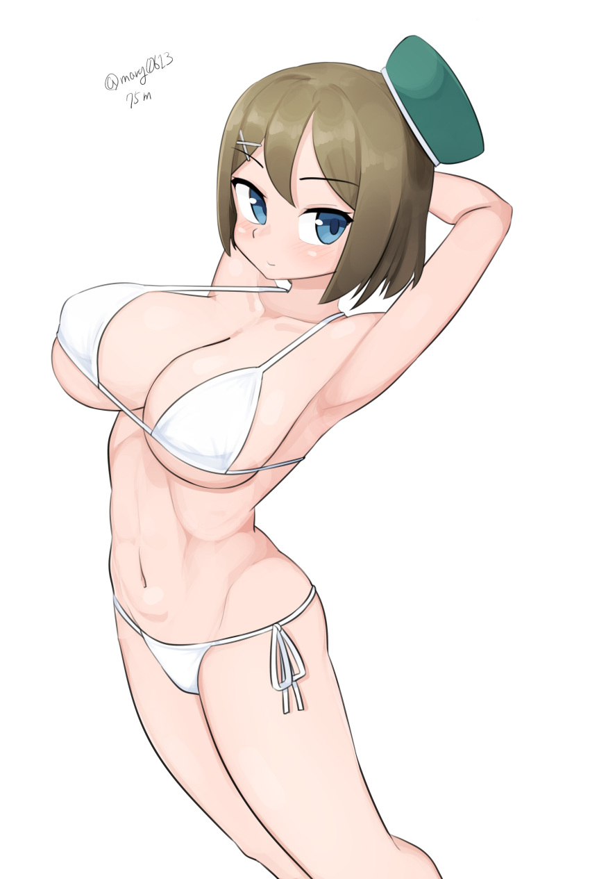 1girl absurdres arms_behind_head beret bikini blue_eyes breasts brown_hair feet_out_of_frame good_breasts_day green_headwear hair_ornament hat highres kantai_collection large_breasts looking_at_viewer maru_(marg0613) maya_(kancolle) mini_hat one-hour_drawing_challenge short_hair side-tie_bikini_bottom simple_background solo swimsuit white_background white_bikini x_hair_ornament