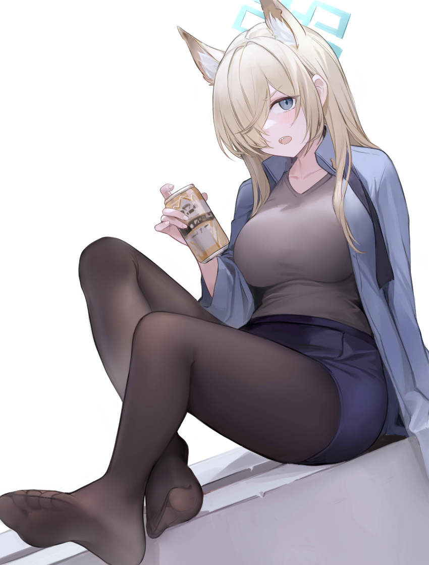 1girl absurdres animal_ear_fluff animal_ears asymmetrical_bangs black_pantyhose blonde_hair blue_archive blue_eyes blue_shirt breasts can collarbone crossed_legs dog_ears extra_ears hair_over_one_eye highres holding holding_can kanna_(blue_archive) large_breasts long_hair looking_at_viewer nagata_gata notched_ear open_clothes open_mouth open_shirt pantyhose shirt sidelocks simple_background soles solo teeth upper_teeth_only white_background