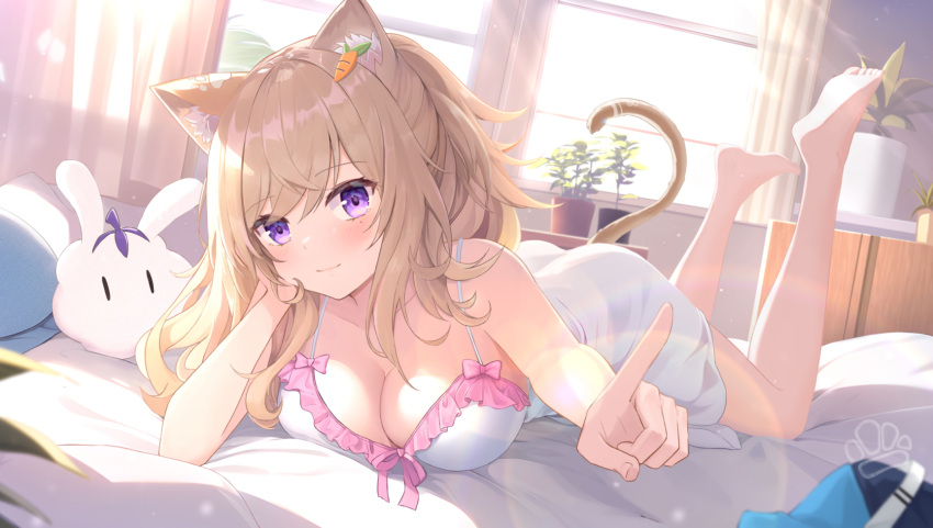 1girl animal_ears bare_shoulders barefoot bedroom blonde_hair blush bow breasts cat_ears cat_tail cleavage curtains feet_up frilled_nightgown hair_ornament hairclip highres large_breasts long_hair nightgown on_bed otter_paw_(otter696969) pink_bow pink_nightgown plant pointing potted_plant purple_eyes solo stuffed_animal stuffed_rabbit stuffed_toy sunlight tail virtual_youtuber white_nightgown window