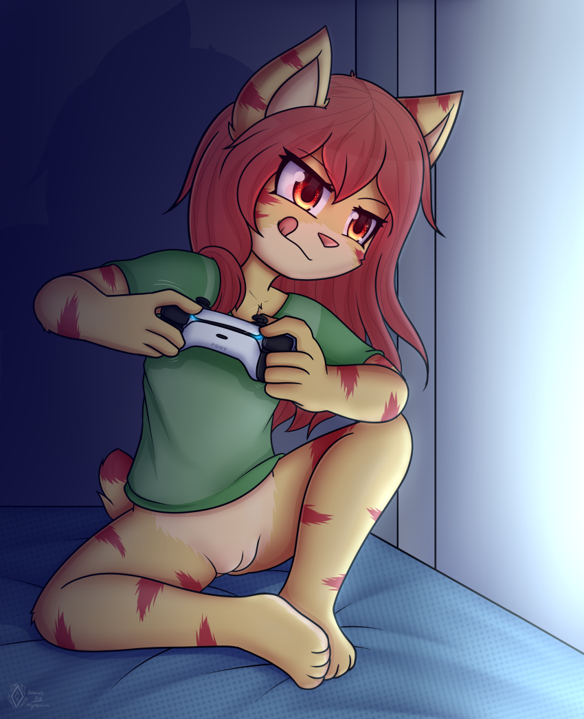 absurd_res anthro bed bottomless clothed clothing domestic_cat dream_mirage felid feline felis female furniture gaming genitals hi_res mammal playing_videogame pussy sitting solo teenager young