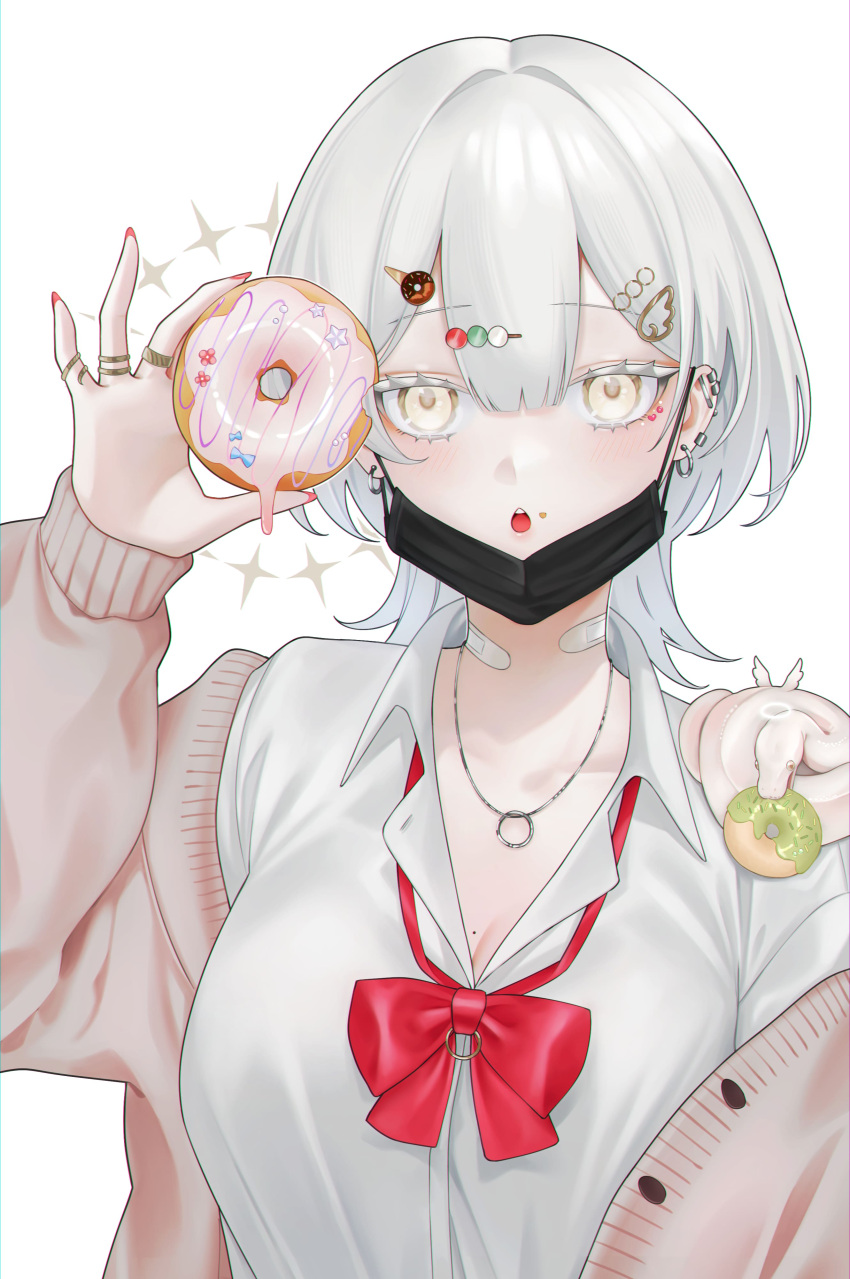 1girl :o absurdres bandaid bandaid_on_neck barbell_piercing black_mask blush bow bowtie breasts brown_cardigan cardigan cleavage collared_shirt doughnut dress_shirt ear_piercing earrings food food_on_face gfpebs hair_between_eyes hair_ornament hairclip highres holding holding_food jewelry large_breasts long_sleeves looking_at_viewer loose_bowtie mask mask_pull medium_hair mouth_mask necklace open_cardigan open_clothes original piercing red_bow red_bowtie red_nails ring ring_necklace school_uniform shirt simple_background snake solo surgical_mask upper_body white_background white_hair white_shirt white_snake wing_collar yellow_eyes