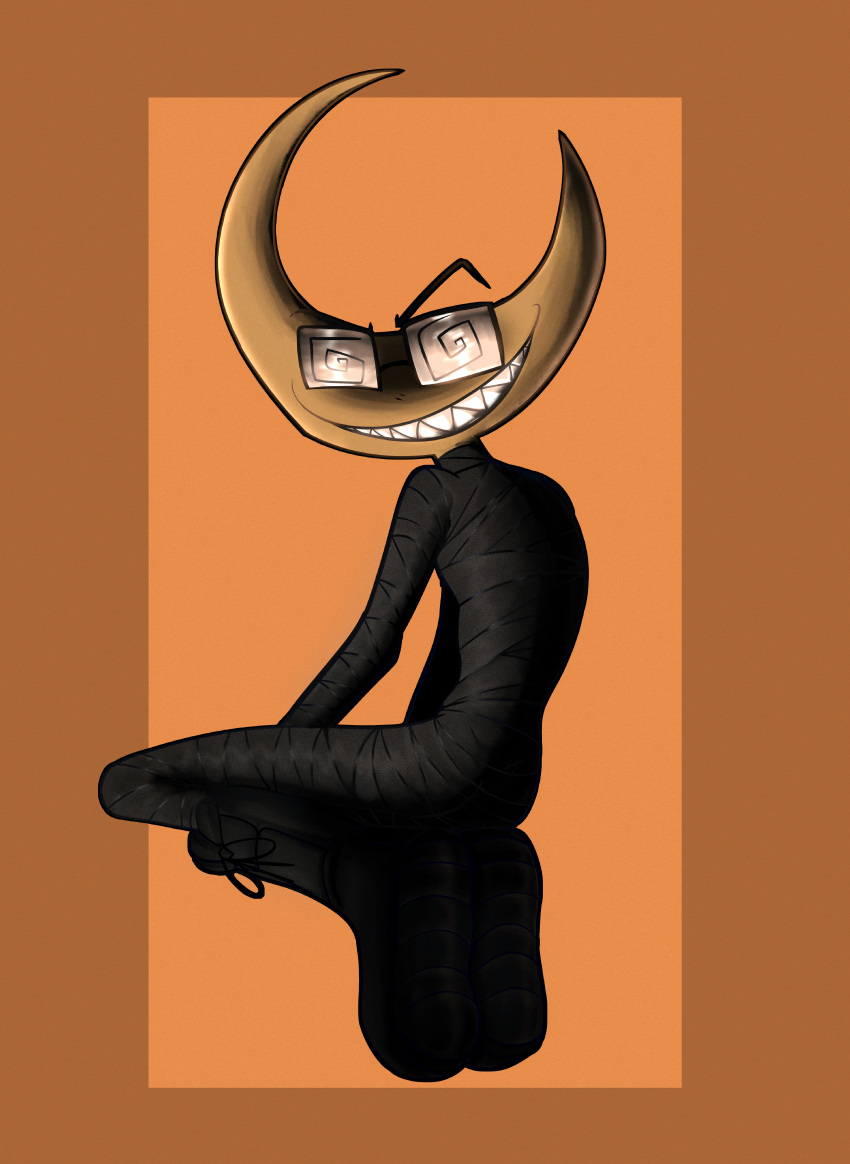 absurd_res ambiguous_gender bandage black_boots black_clothing black_footwear bodysuit boots clothing crouching eyewear footwear genderless_(disambiguation) glasses glistening glistening_body glistening_bodysuit glistening_clothing glistening_skinsuit grey_body grin grinning_at_viewer hair hi_res huge_filesize humanoid looking_at_viewer looking_back orange_background shaded shape_heads sharp_teeth simple_background skinsuit smile solo swirls teeth texture tight_clothing tippy_toes vasdocor_01 white_hair yellow_head