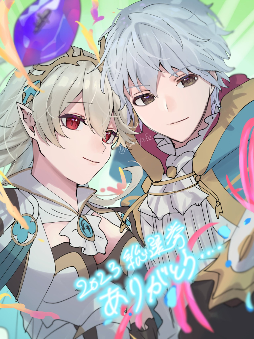 1boy 1girl ascot breasts celebration cleavage corrin_(female)_(fire_emblem) corrin_(female)_(silent_bloodline)_(fire_emblem) corrin_(fire_emblem) corrin_(male)_(fire_emblem) fire_emblem fire_emblem_awakening fire_emblem_fates fire_emblem_heroes hair_between_eyes hair_ornament highres long_hair looking_at_viewer official_alternate_costume pointy_ears red_eyes robin_(fire_emblem) sakura_no_yoru smile white_ascot white_hair