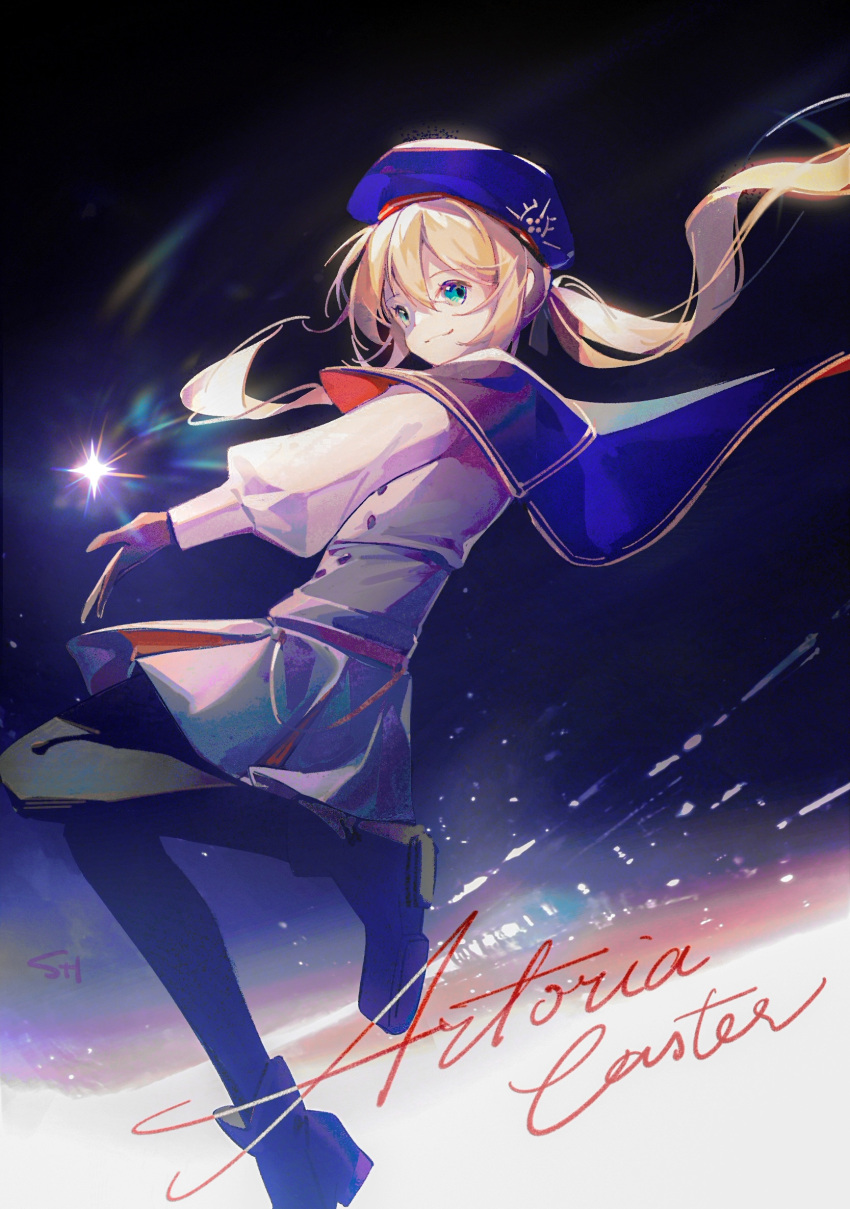 1girl artoria_caster_(fate) artoria_caster_(second_ascension)_(fate) artoria_pendragon_(fate) beret black_gloves black_pantyhose black_ribbon blonde_hair blue_cloak blue_headwear boots buttons cloak closed_mouth fate/grand_order fate_(series) flower full_body gloves green_eyes hat highres long_hair long_sleeves night ornament pantyhose purple_flower ribbon shir_l1 shirt skirt smile star_(symbol) twintails white_shirt
