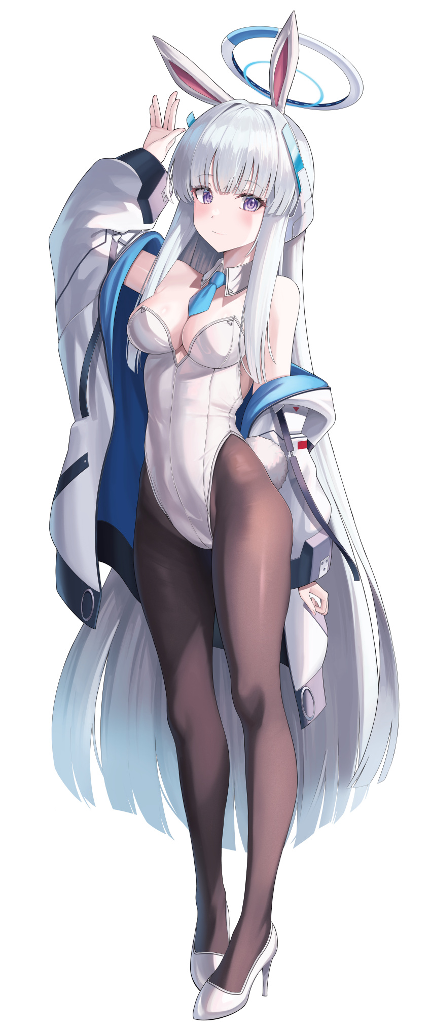 1girl absurdres alter_(kxk7357) animal_ears black_pantyhose blue_archive blue_bow blue_bowtie blush bow bowtie breasts cleavage closed_mouth detached_collar fake_animal_ears full_body grey_hair halo high_heels highres incredibly_absurdres jacket large_breasts leotard long_hair long_sleeves looking_at_viewer mechanical_halo noa_(blue_archive) open_clothes open_jacket pantyhose purple_eyes rabbit_ears simple_background smile solo strapless strapless_leotard two-sided_fabric two-sided_jacket white_background white_footwear white_jacket white_leotard