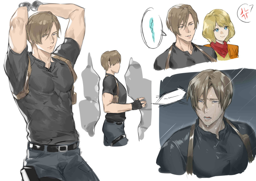 1boy arms_up ashley_graham blonde_hair blue_eyes brown_hair curtained_hair highres holster leg_holster leon_s._kennedy male_focus naijarski pectorals resident_evil resident_evil_4 resident_evil_4_(remake) shirt short_hair shoulder_holster tight_clothes tight_shirt wet wet_clothes wet_shirt