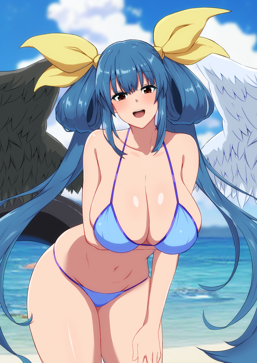 1girl absurdres angel_wings arm_under_breasts asymmetrical_wings bare_shoulders beach bikini blue_bikini blue_sky blush breasts cleavage cloud cloudy_sky commentary_request dizzy_(guilty_gear) fuuma_(bangolga1) groin guilty_gear guilty_gear_xrd guilty_gear_xx hair_rings hanging_breasts highres large_breasts leaning_forward long_hair looking_at_viewer mature_female monster_girl navel ocean open_mouth sidelocks skindentation sky solo stomach swimsuit tail thick_thighs thighs twintails water wings