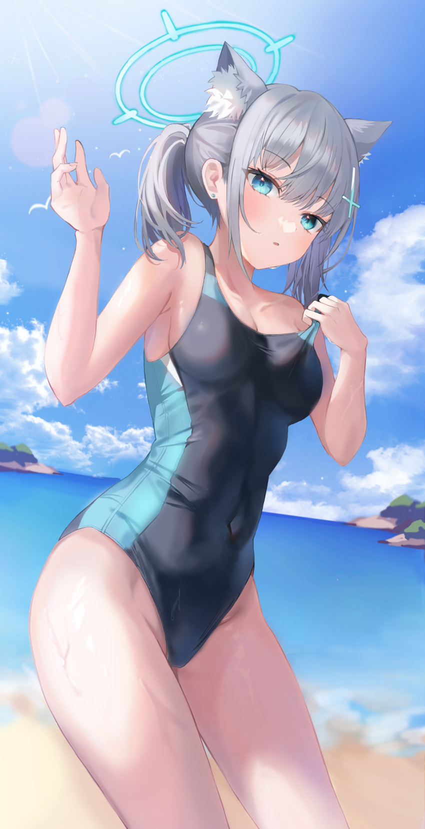 1girl absurdres animal_ear_fluff animal_ears beach blue_archive blue_eyes blue_halo blue_sky blurry blurry_background breasts cloud collarbone competition_swimsuit covered_navel cross_hair_ornament day grey_hair hair_ornament halo hand_up highres horizon looking_at_viewer medium_breasts off_shoulder official_alternate_costume one-piece_swimsuit outdoors ri_yonn shiroko_(blue_archive) shiroko_(swimsuit)_(blue_archive) short_hair sky solo swimsuit thighs twintails