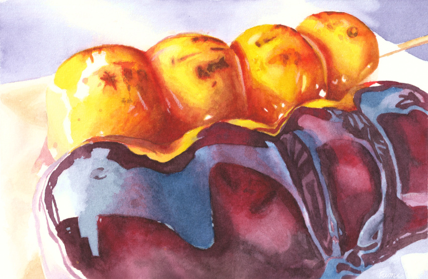 absurdres aon968 close-up commentary_request dango food food_focus highres mitarashi_dango no_humans original painting_(medium) realistic still_life traditional_media wagashi watercolor_(medium)