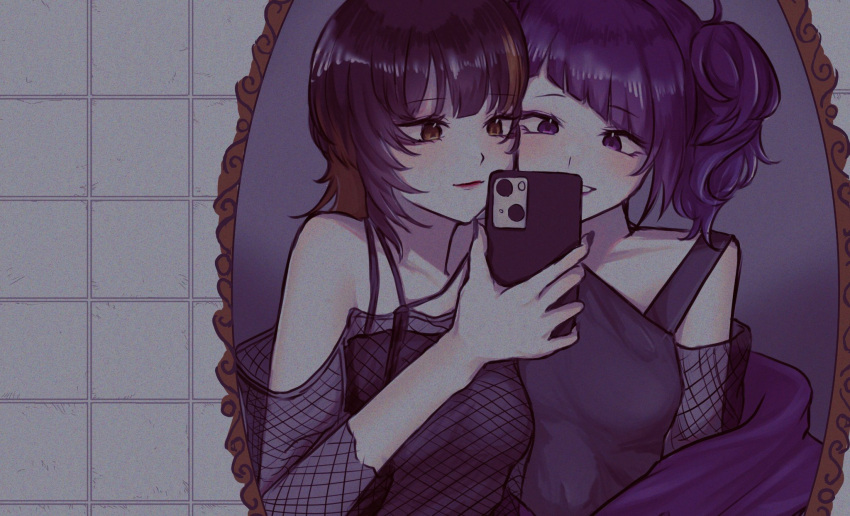 2girls asymmetrical_bangs black_hair black_shirt blunt_bangs blush collarbone diagonal_bangs fingernails fishnet_top fishnets heads_together highres holding holding_phone idolmaster idolmaster_shiny_colors ikaruga_luca indoors looking_at_phone mirror multicolored_hair multiple_girls nail_polish ore_shiny phone purple_hair reflection selfie shirt smile streaked_hair tanaka_mamimi tile_wall tiles upper_body