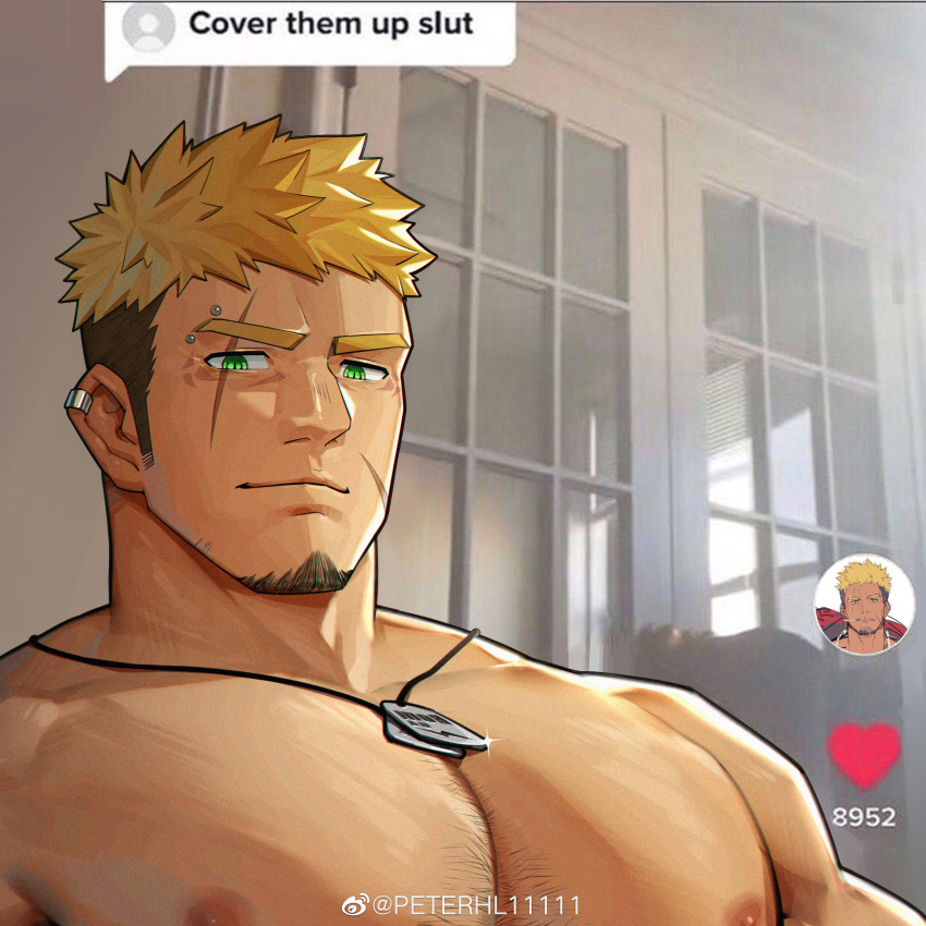 1boy absurdres bara blonde_hair chest_hair commission cover_them_up_slut_(meme) dialogue_box ear_piercing eyebrow_piercing facial_hair goatee green_eyes gyee heart highres jewelry long_sideburns looking_at_viewer male_focus meme muscular muscular_male necklace nipples pectoral_focus pectorals peterhl piercing romg scar scar_across_eye scar_on_face sideburns slit_pupils spiked_hair stubble thick_eyebrows tiktok topless_male user_interface