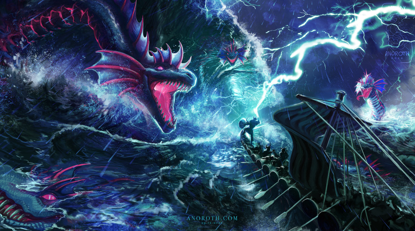 anoroth battle electricity feral hi_res human hydra lightning mammal open_mouth raining sea ship storm vehicle viking voxatal water watercraft wave