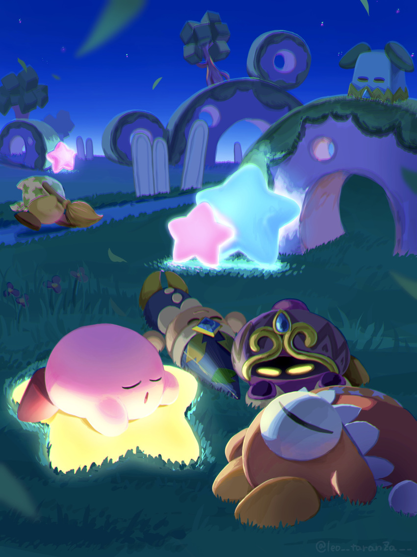 absurdres broom broom_hatter closed_eyes colored_skin creature glowing grass hat highres holding holding_broom jammerjab jester_cap kirby kirby:_star_allies kirby_(series) leo_taranza night night_sky no_humans one-eyed pink_skin plugg_(kirby) poppy_bros_jr sky sleeping star_(symbol) tree upside-down waddle_doo warp_star