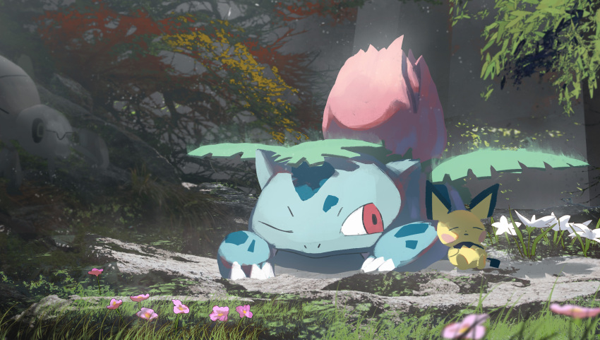 absurdres asteroid_ill day durant flower forest grass highres ivysaur landscape light_rays looking_at_another nature no_humans one_eye_closed outdoors pichu pink_flower pokemon pokemon_(creature) rock scenery shadow sleeping tree white_flower