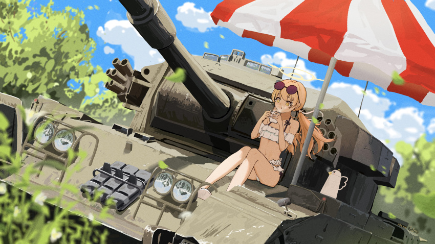 1girl absurdres beach_umbrella bikini blonde_hair blowing blue_archive blue_sky blurry blurry_background breasts cloud commentary_request crusader_(tank) cup eyewear_on_head frilled_bikini frills halo harrywang37 hifumi_(blue_archive) hifumi_(swimsuit)_(blue_archive) highres knees_up military_vehicle motor_vehicle mug navel official_alternate_costume round_eyewear sandals sitting sky small_breasts solo steam stomach sunglasses swimsuit tank teapot tree umbrella white_bikini yellow_eyes