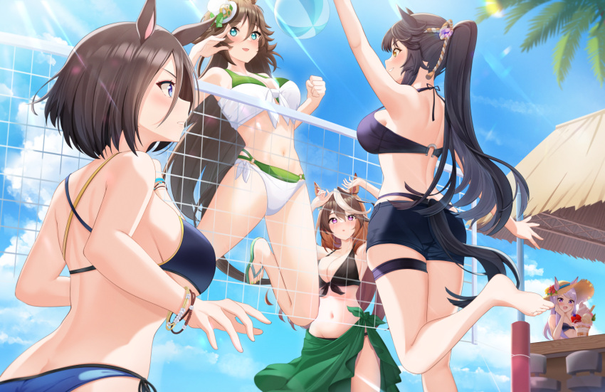 5girls air_groove_(umamusume) alternate_costume back beach_volleyball bikini black_bikini black_shorts blue_bikini blue_eyes blush_stickers brown_hair butt_crack commentary green_bikini green_eyes green_sarong groin hair_between_eyes hat horse_girl jumping kanno_esuto layered_bikini lens_flare light_rays long_hair median_furrow mejiro_mcqueen_(umamusume) midriff mini_hat mini_top_hat mr._c.b._(umamusume) multiple_girls narita_brian_(umamusume) navel outdoors palm_tree palms_together parfait parted_bangs ponytail purple_eyes purple_hair rope sarong scapula shimenawa short_hair shorts side-tie_bikini_bottom sidelocks summer sun_hat sunlight swimsuit symboli_rudolf_(umamusume) thigh_strap tilted_headwear top_hat tree umamusume volleyball_net white_bikini white_headwear