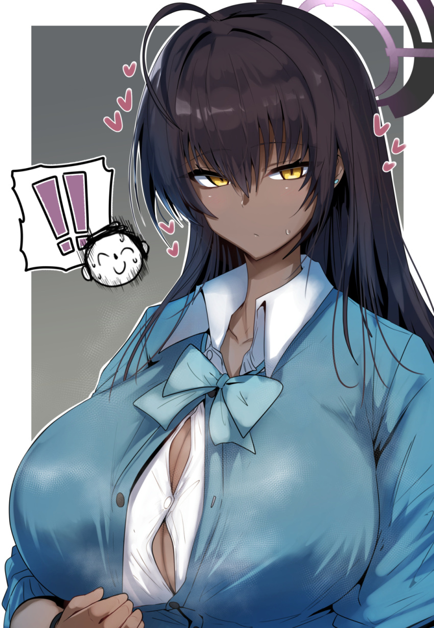 ! !! 1girl ahoge arona's_sensei_doodle_(blue_archive) black_hair blue_archive blue_bow blue_bowtie blue_cardigan border bow bowtie breasts cardigan cleavage closed_mouth collared_shirt commentary_request dark-skinned_female dark_skin expressionless gin_moku grey_background hair_between_eyes halo heart highres huge_breasts karin_(blue_archive) long_hair looking_at_viewer outside_border sensei_(blue_archive) shirt simple_background solo spoken_character spoken_exclamation_mark sweatdrop upper_body white_border white_shirt yellow_eyes
