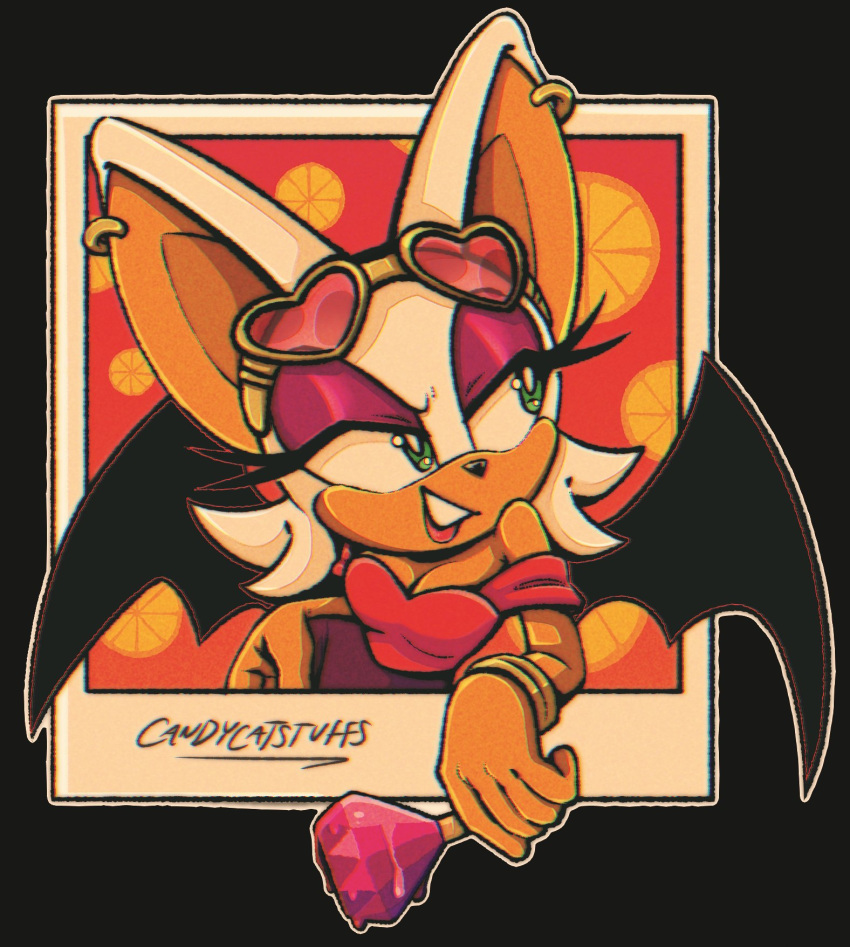 2023 anthro bat breasts candycatstuffs cleavage clothed clothing ear_piercing ear_ring eyeshadow eyewear eyewear_on_head female fur green_eyes hi_res holding_object lipstick makeup mammal membrane_(anatomy) membranous_wings piercing ring_piercing rouge_the_bat sega signature solo sonic_the_hedgehog_(series) sunglasses sunglasses_on_head tan_body tan_skin white_body white_fur wings