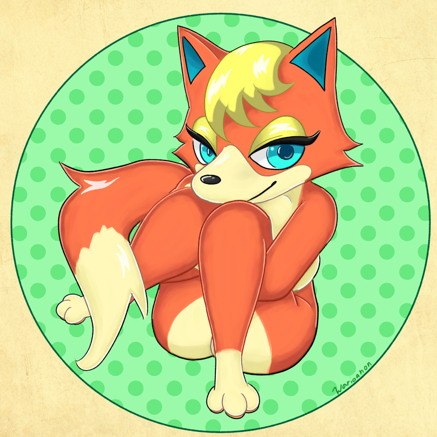 animal_crossing anthro audie_(animal_crossing) bent_legs big_breasts black_nose blonde_hair blue_eyes breast_squish breasts butt canid canine canis eyelashes eyeshadow female fur hair hi_res huge_breasts looking_up makeup mammal nintendo orange_body orange_fur pawpads paws sitting smile smiling_at_viewer solo squish tail tan_body tan_fur tan_paws warioanon wolf