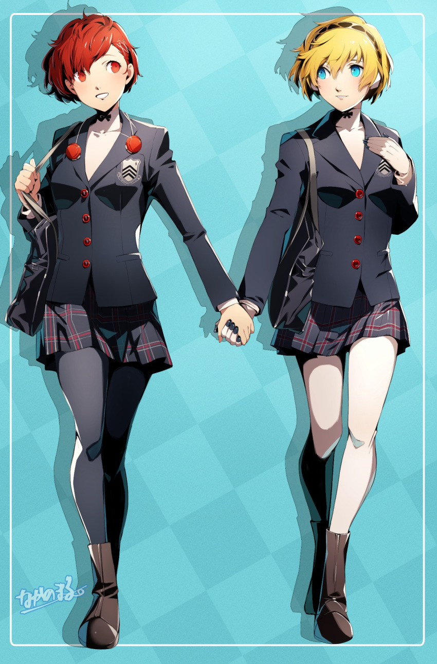 2girls aegis_(persona) alternate_costume android aqua_background bag blazer blonde_hair blue_eyes boots border checkered_background cosplay full_body headband headphones highres holding_hands jacket looking_at_another multiple_girls nakano_maru pantyhose persona persona_3 persona_3_portable persona_5 plaid plaid_skirt pleated_skirt red_eyes red_hair red_headphones robot school_bag school_uniform shiomi_kotone shoes shoulder_bag shuujin_academy_school_uniform signature simple_background skirt turtleneck walking white_border