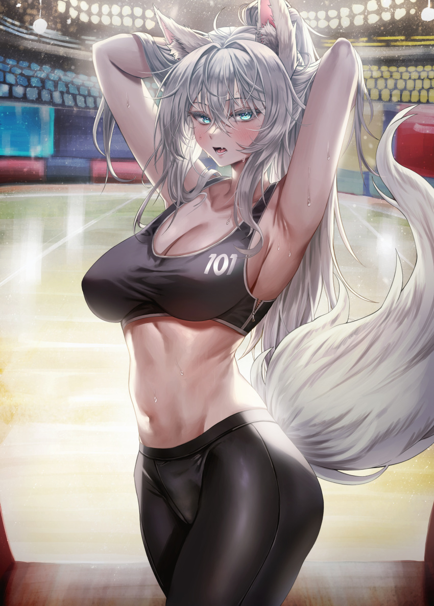 1girl absurdres animal_ear_fluff animal_ears armpits arms_behind_head arms_up bare_arms bare_shoulders black_pants black_sports_bra blush breasts cleavage collarbone cowboy_shot crop_top fox_ears fox_girl fox_tail hair_between_eyes highres korean_commentary large_breasts long_hair looking_at_viewer midriff navel nompang novel_illustration official_art open_mouth original pants pantyhose sleeveless solo sports_bra stadium standing stomach sweat tail taut_clothes variant_set yoga_pants