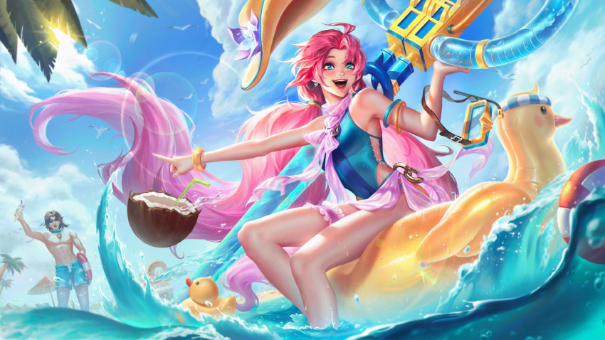 1girl :d alternate_hair_color alternate_hairstyle armlet bare_shoulders blue_one-piece_swimsuit bracelet coconut_cup day diving_mask_removed flower green_eyes green_one-piece_swimsuit gwen_(league_of_legends) hat hat_flower heterochromia highres holding holding_scissors innertube jewelry ladyofmorh league_of_legends long_hair low_twintails one-piece_swimsuit outdoors palm_tree pink_hair pool_party_(league_of_legends) scissors shiny_skin sitting smile solo sun swimsuit teeth tree twintails upper_teeth_only very_long_hair water