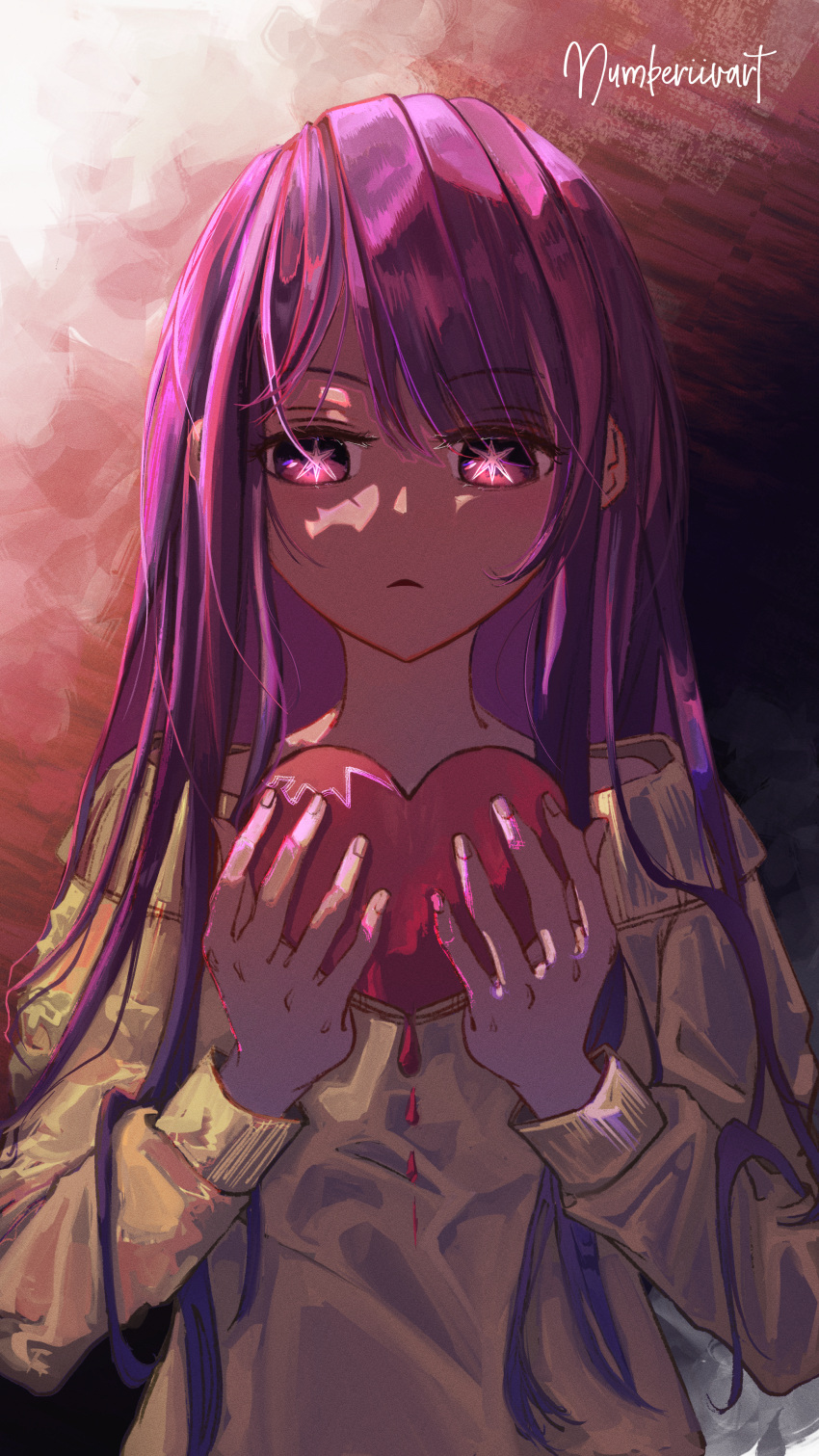 1girl absurdres artist_name blood_drip commentary english_commentary heart highres holding holding_heart hoshino_ai_(oshi_no_ko) long_hair numberiiv off-shoulder_sweater off_shoulder oshi_no_ko parted_lips purple_eyes purple_hair sidelocks solo star-shaped_pupils star_(symbol) sweater symbol-shaped_pupils yellow_sweater