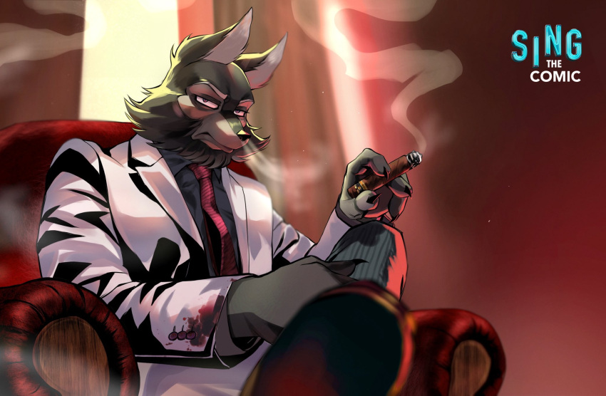 anthro black_body black_fur black_shading canid canine canis chair cigar clothing crystal_ice fur furniture hi_res illumination_entertainment james_crystal logo looking_at_viewer male mammal necktie sing_(movie) smoke solo suit wolf