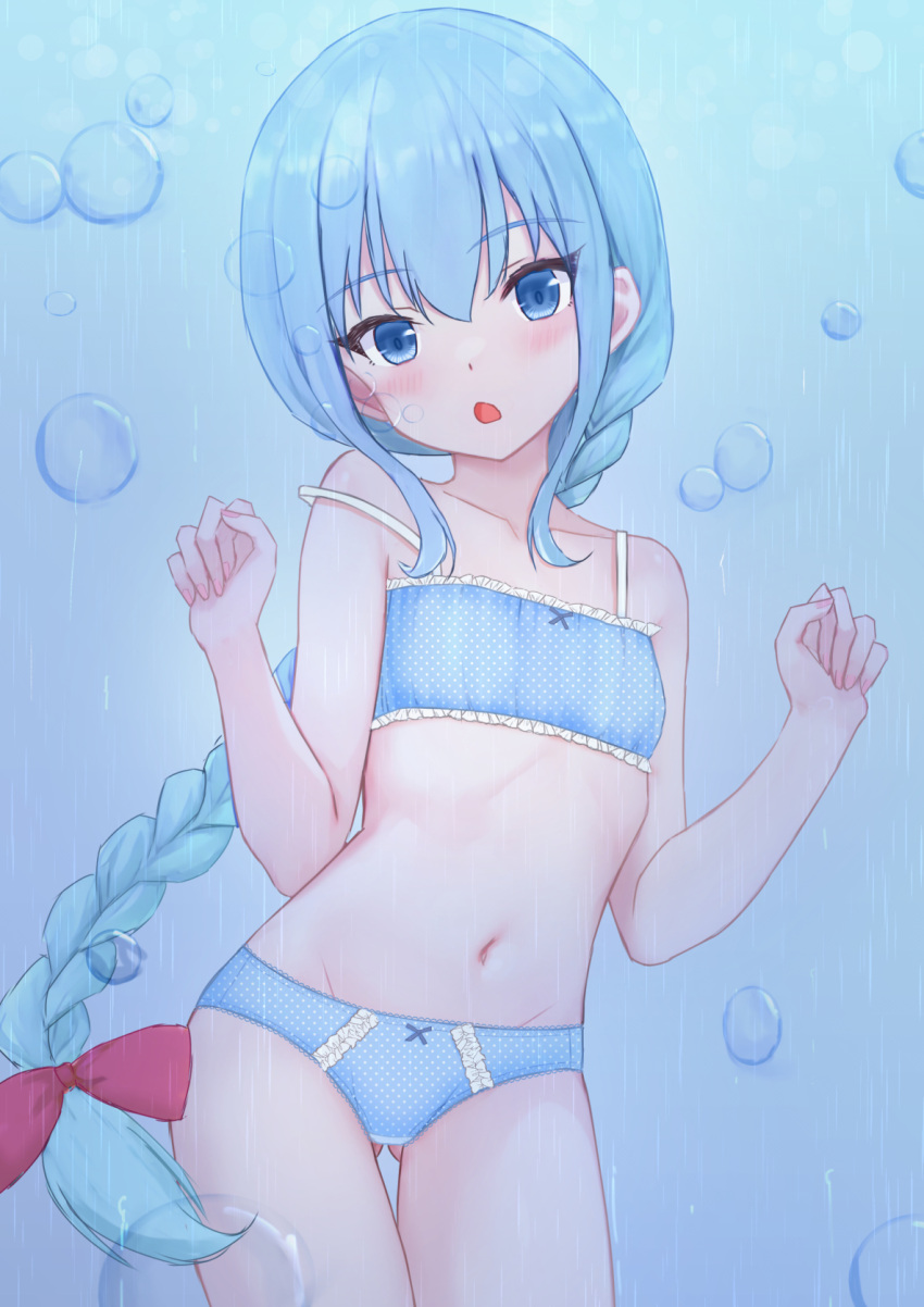 1girl :o ass_visible_through_thighs blue_bra blue_eyes blue_hair blue_panties blush bow bow_bra bow_panties bra braid braided_ponytail bubble commentary english_commentary flat_chest frilled_bra frills groin hair_ribbon head_tilt highres lace-trimmed_panties lace_trim long_hair looking_at_viewer navel open_mouth original panties polka_dot polka_dot_bra polka_dot_panties rain red_ribbon ribbon shooko single_braid solo standing strap_slip thigh_gap training_bra underwear underwear_only very_long_hair w_arms