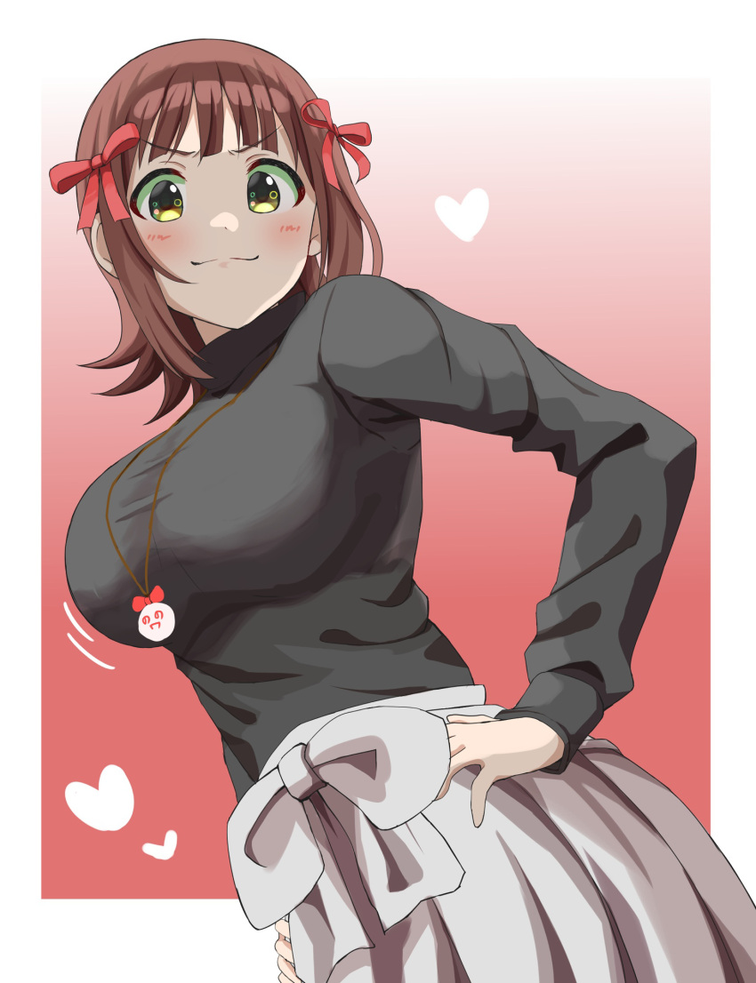 1girl amami_haruka black_shirt bow breasts brown_hair closed_mouth cowboy_shot dot_nose doyagao gradient_background green_eyes grid_background hair_ribbon hand_on_own_hip haruki_(haruki678) heart heart_background highres idolmaster idolmaster_(classic) idolmaster_million_live! idolmaster_million_live!_theater_days jewelry long_sleeves looking_at_viewer medium_breasts motion_lines necklace nonowa red_background red_ribbon ribbon shirt short_hair skirt smile smug solo turtleneck v-shaped_eyebrows waist_bow white_bow white_skirt