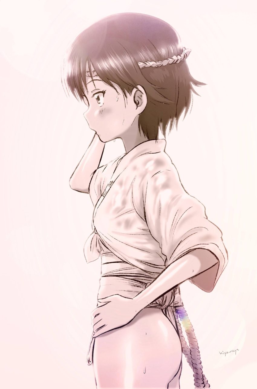 1girl ass blush breasts from_side fundoshi girls_und_panzer highres hiyama_yuu_(wee259hiyama) isobe_noriko japanese_clothes monochrome open_mouth short_hair signature small_breasts solo sweat yamakasa