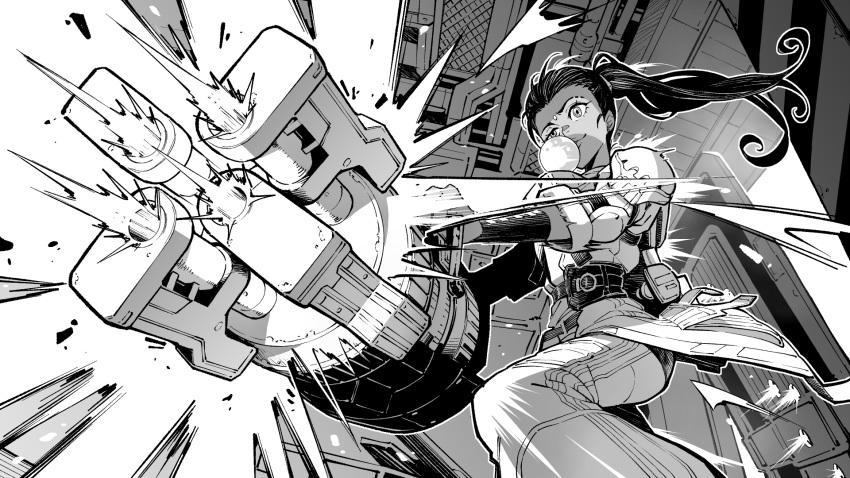 1girl animification apex_legends belt chewing_gum elbow_pads eyebrow_cut facial_mark firing floating_hair forehead_mark gatling_gun greyscale gun highres holding holding_gun holding_weapon jumpsuit kyouyasai4423 long_hair minigun monochrome ponytail raised_eyebrow rampart_(apex_legends) sheila_(minigun) smile solo weapon