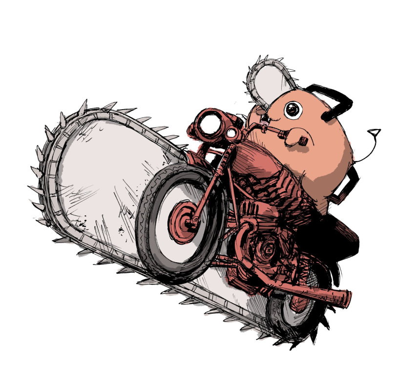 chainsaw chainsaw_man driving fangs geji_oekaki highres motor_vehicle motorcycle no_humans open_mouth pochita_(chainsaw_man) simple_background white_background