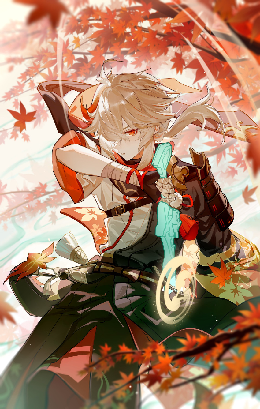 1boy absurdres antenna_hair armor asymmetrical_sleeves autumn_leaves bandaged_arm bandages belt black_shorts blurry bow branch brown_belt brown_bow brown_gloves detached_sleeves fingerless_gloves genshin_impact gloves gold_trim grey_hair hair_between_eyes hair_over_one_eye hand_up highres holding holding_sword holding_weapon kaedehara_kazuha leaf leaf_print lips long_sleeves looking_at_viewer male_focus multicolored_hair outdoors pantyhose ponytail qinnye red_eyes red_hair red_pantyhose red_shirt shirt short_hair short_ponytail short_sleeves shorts shoulder_armor sidelocks single_detached_sleeve sky solo standing streaked_hair sword tassel teeth tree two-tone_hair v-shaped_eyebrows vest weapon white_sky white_vest wide_sleeves