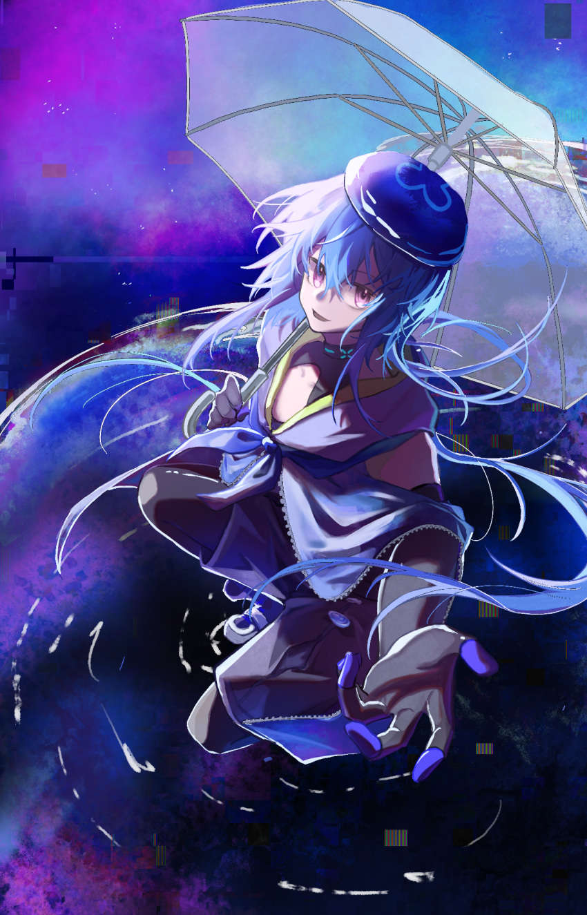 1boy arknights beret black_gloves black_pantyhose blue_capelet blue_footwear blue_hair blue_headwear blue_shorts boots capelet elbow_gloves gloves hair_between_eyes hat highres holding holding_umbrella hood hood_down hooded_capelet linjiangshasha long_hair looking_at_viewer male_focus mizuki_(arknights) pantyhose pantyhose_under_shorts parted_lips pink_eyes shorts smile solo squatting transparent transparent_umbrella umbrella very_long_hair