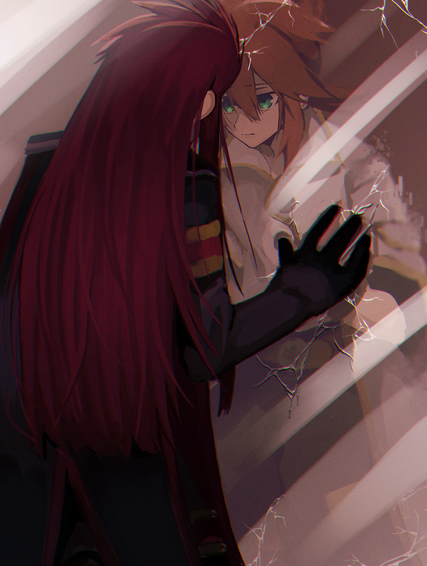 2boys against_mirror aomattya asch_(tales) belt black_cape black_gloves black_shirt broken_mirror buttons cape closed_mouth commentary_request from_behind gloves green_eyes hair_between_eyes hair_pulled_back hand_on_mirror highres jacket long_hair looking_at_mirror luke_fon_fabre male_focus military_uniform mirror multiple_boys red_hair reflection shirt short_hair short_sleeves shoulder_pads sidelocks spiked_hair tales_of_(series) tales_of_the_abyss uniform white_jacket