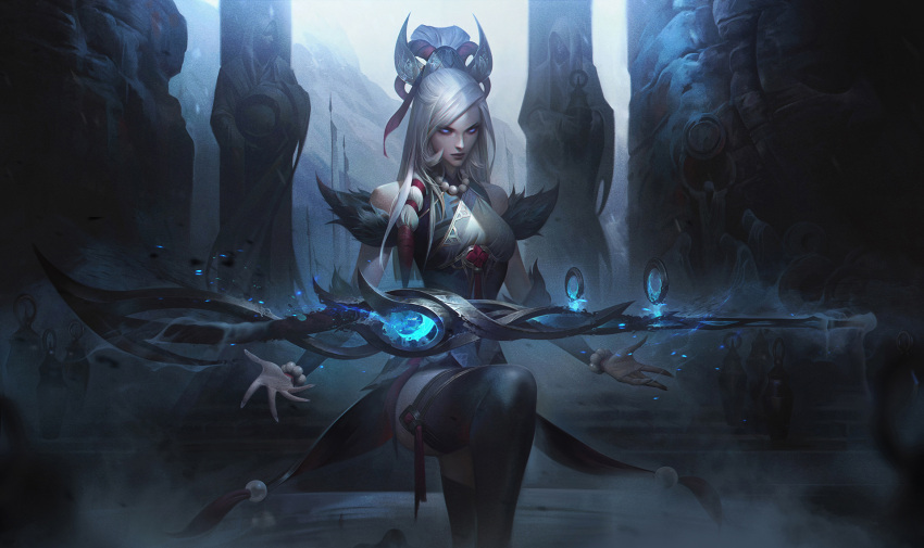 1girl alex_flores asymmetrical_bangs bare_shoulders black_thighhighs blue_eyes bracelet breasts caitlyn_(league_of_legends) closed_mouth dress english_commentary fingernails fog fur_trim glowing glowing_eye glowing_weapon gun hair_bun hair_ornament highres jewelry large_breasts league_of_legends light long_hair looking_at_viewer mountain necklace official_art outdoors pale_skin pearl_bracelet pearl_necklace serious sharp_fingernails sidelocks single_hair_bun sky snow_moon_caitlyn solo stairs standing standing_on_one_leg statue thighhighs weapon white_hair