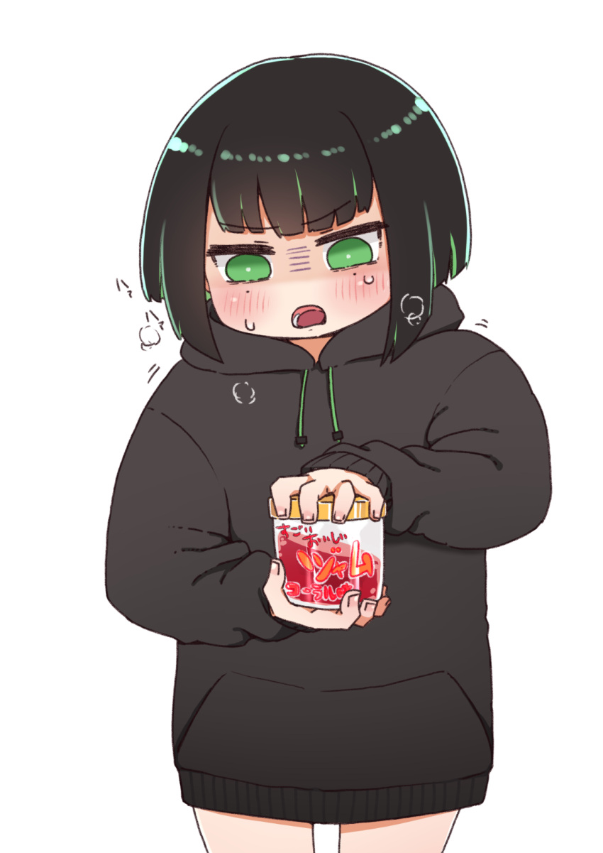 1girl allmind_(armored_core_6) armored_core armored_core_6 black_hair black_hoodie blush cowboy_shot drawstring green_eyes green_hair heavy_breathing highres holding hood hood_down hoodie i.u.y long_sleeves looking_at_viewer multicolored_hair open_mouth puffy_long_sleeves puffy_sleeves simple_background sleeves_past_wrists solo standing streaked_hair translation_request white_background