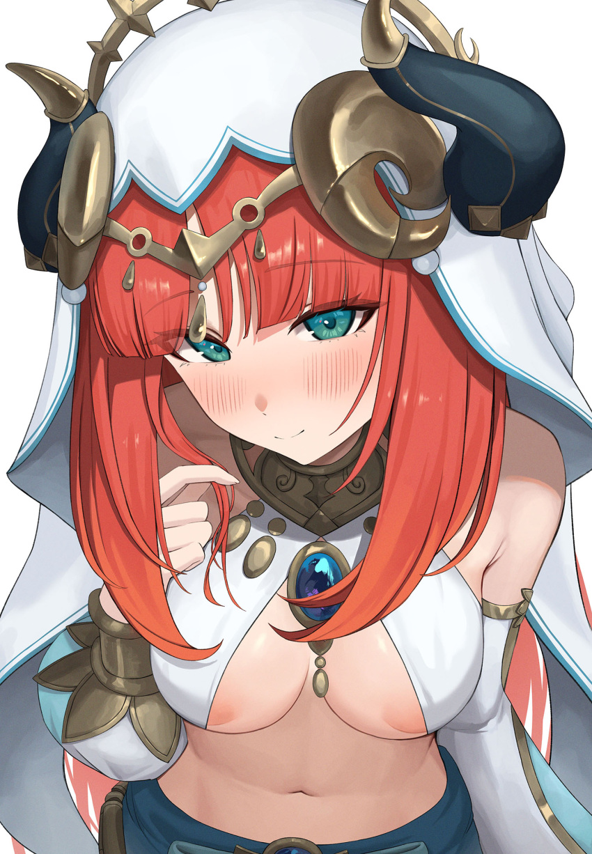 1girl areola_slip armlet blue_skirt blush bracer breasts brooch fake_horns genshin_impact green_eyes hair_ornament harem_outfit highres horns jewelry long_hair long_sleeves looking_at_viewer low_twintails medium_breasts neck_ring nilou_(genshin_impact) puffy_long_sleeves puffy_sleeves red_hair sash sidelocks skirt smile solo sp123 tagme twintails veil