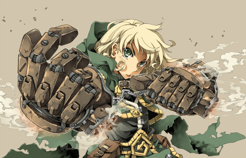 1girl battle_chasers blonde_hair cape gauntlets gloves green_eyes gully_(battle_chasers) kasetsu_03 long_hair looking_at_viewer simple_background solo