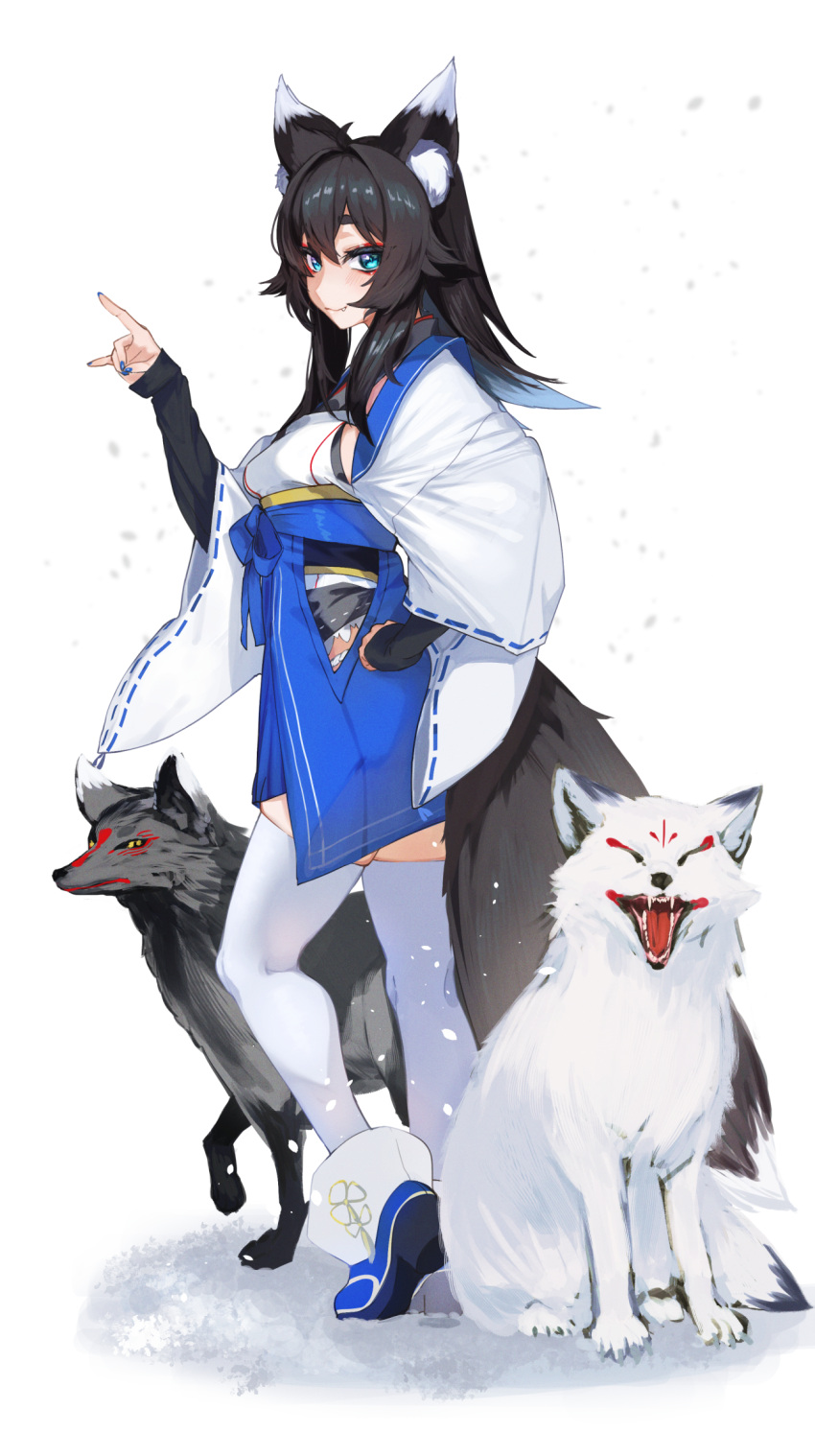 1girl animal animal_ears black_hair blue_eyes blue_nails blush breasts eyeliner fang fang_out fox fox_ears fox_girl hand_on_own_hip highres japanese_clothes long_hair looking_at_viewer makeup murechika original smile snow snowing solo thighhighs white_thighhighs zettai_ryouiki