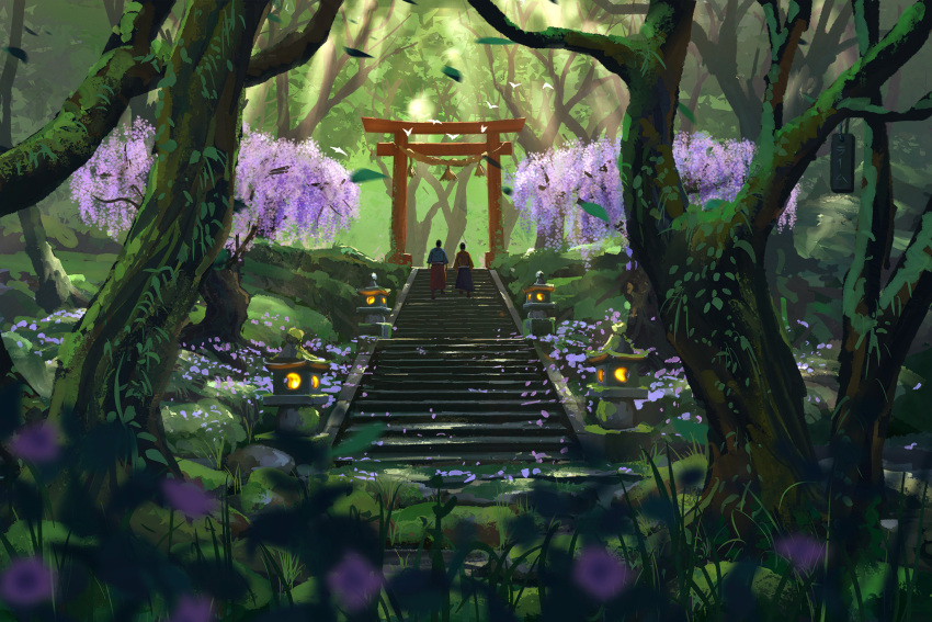 2girls architecture blue_shirt blue_skirt blurry blurry_foreground east_asian_architecture flower forest highres leaf multiple_girls nature original outdoors purple_flower rajawat red_skirt shirt skirt stairs stone_lantern torii tree wisteria yellow_shirt