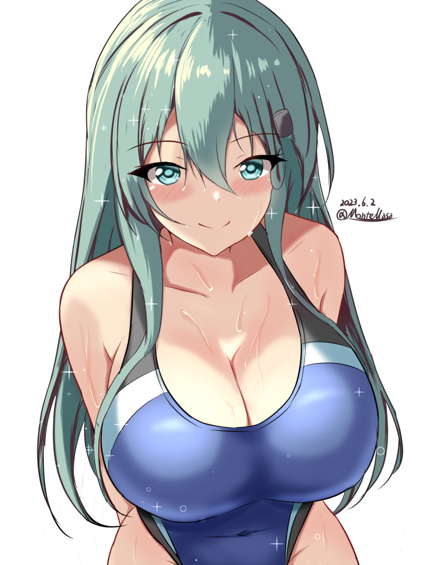 1girl aqua_eyes aqua_hair black_one-piece_swimsuit blue_one-piece_swimsuit blush breasts competition_swimsuit covered_navel cowboy_shot dated hair_between_eyes hair_ornament hairclip highres impossible_clothes impossible_swimsuit kantai_collection large_breasts long_hair looking_at_viewer montemasa one-hour_drawing_challenge one-piece_swimsuit simple_background smile solo suzuya_(kancolle) swimsuit twitter_username two-tone_swimsuit white_background