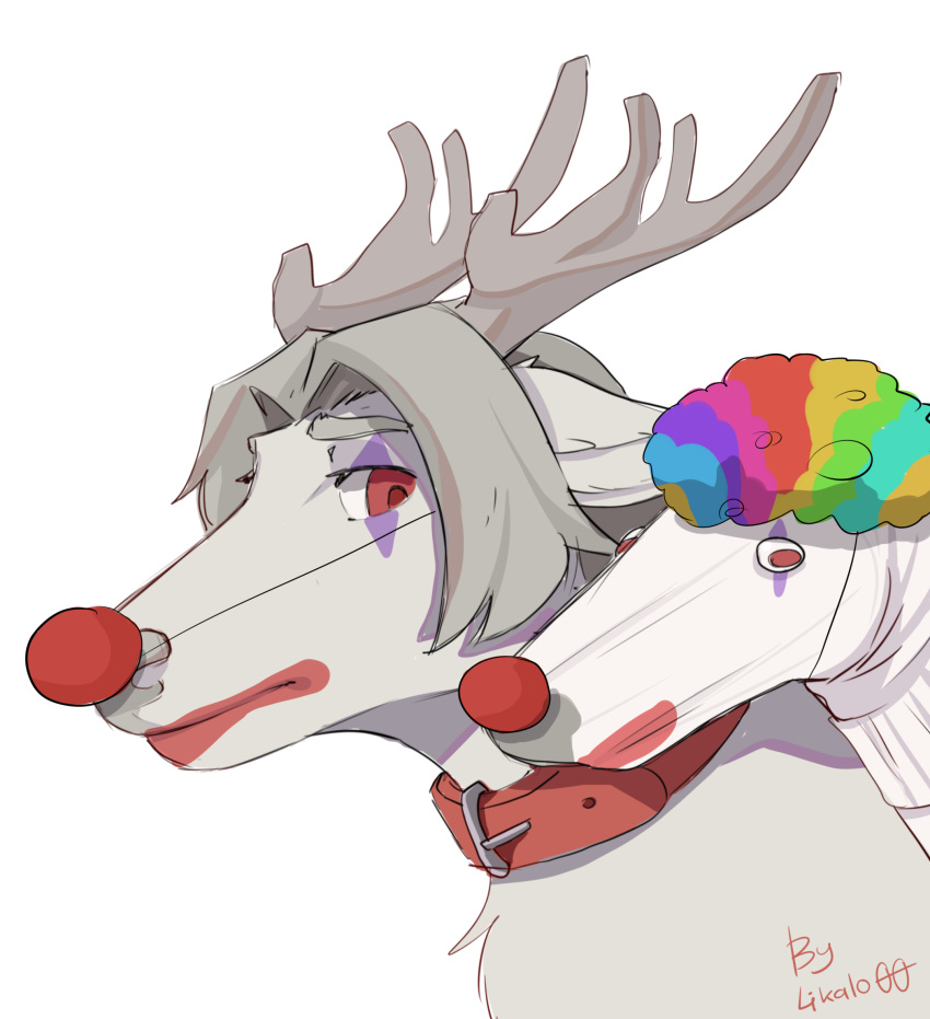 alpha_channel antlers clown clown_makeup clown_nose deer feral fur gooddeer grey_hair hair hi_res horn likalo00 male mammal meme red_eyes simple_background solo transparent_background white_body white_fur